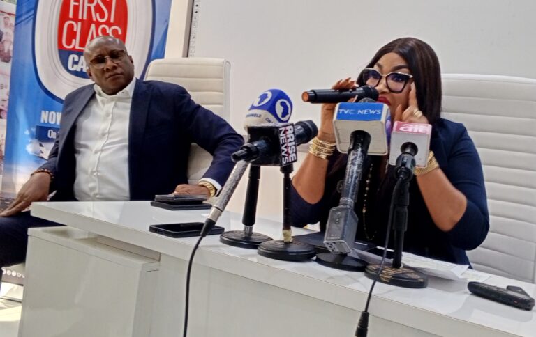  Chairman of Air Peace Ltd., Dr Allen Onyema, and the Chief Operating Officer, Air Peace, Mrs Oluwatoyin Olajide, at a news conference held on Friday in  Lagos
